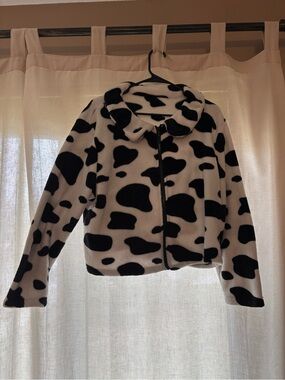 Faux Fur Cow Print Zip Jacket - Black & White